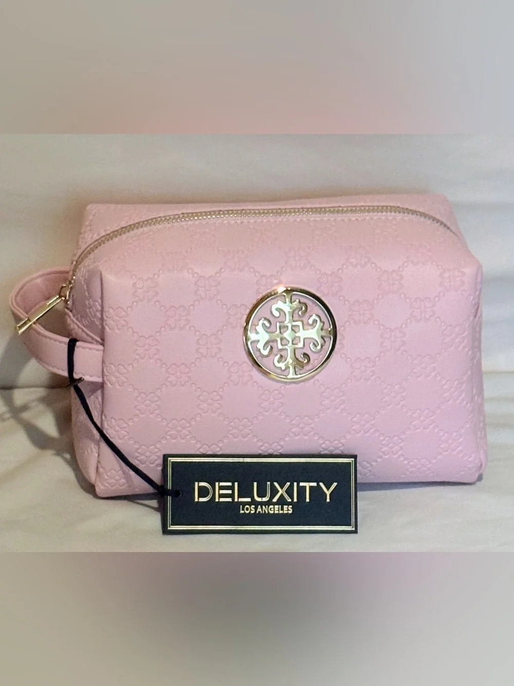 Deluxity Pink Women’s Quilted Cosmetic Bag w/ Gold Emblem